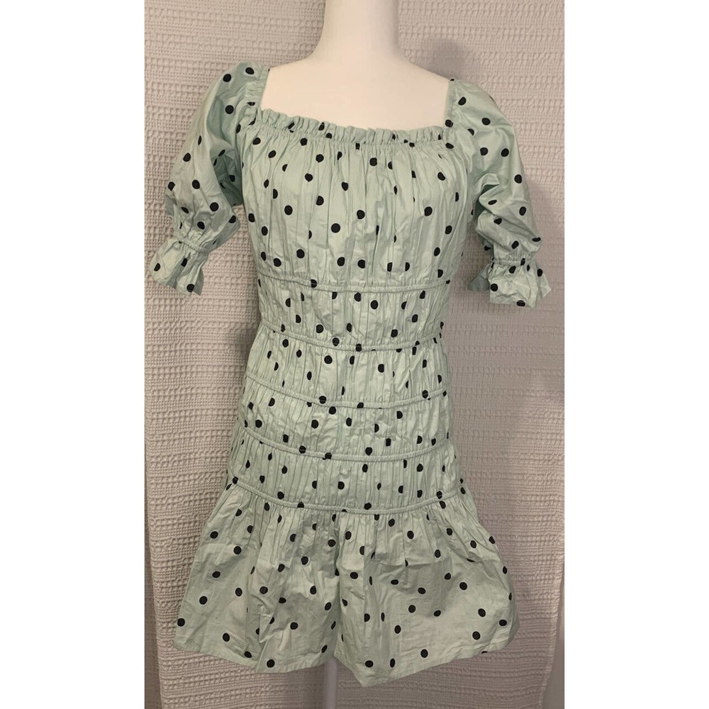 Influence Womens Mint Green Black Polkadot Dress Puff Sleeve 100% Cotton Stretch